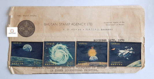 Nov 1970 Vintage -First day Cover with 4 Qty of 3D Bhutan space-themed Stamps