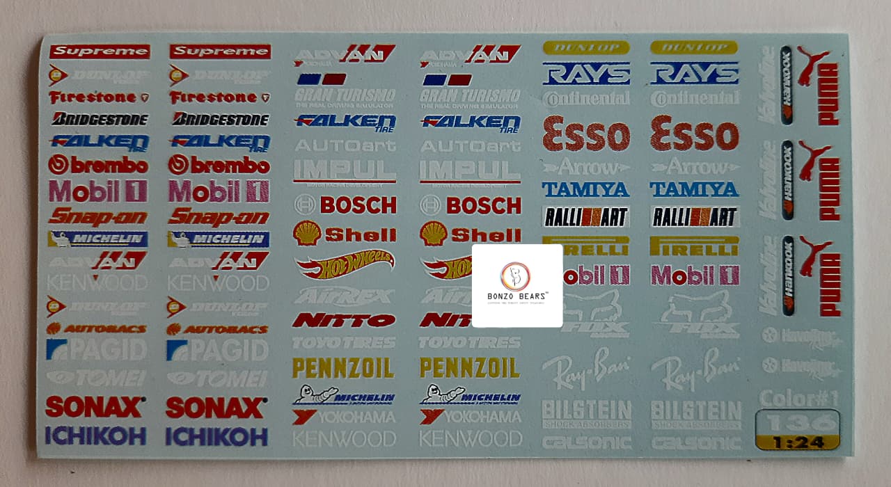 Multi brand Logo water Slide decal ( Puma, Tamiya, NITTO, SHELL , Esso, Sonax and many more) for  1/64 cars - Hotwheels , Tomica , Minigt & Majorette