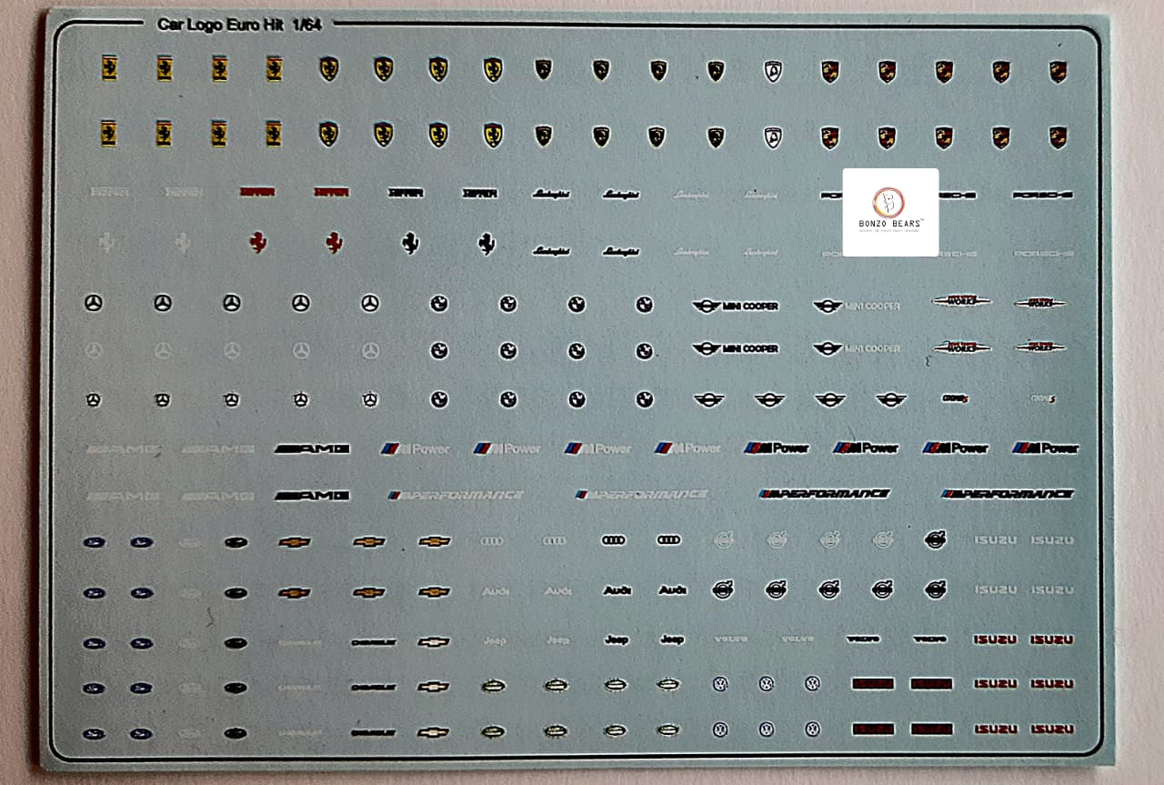 Ferrari, Porsche, Lamborghini , BMW , Chevy mecedes Car Logo Water Slide Decal for  1/64 cars - Hotwheels , Tomica , Minigt & Majorette