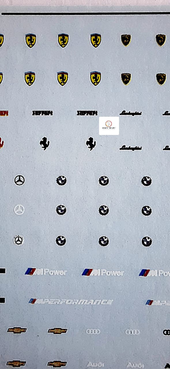 Ferrari, Porsche, Lamborghini , BMW , Chevy mecedes Car Logo Water Slide Decal for  1/64 cars - Hotwheels , Tomica , Minigt & Majorette