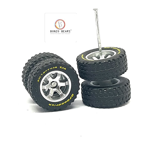 4X4 Goodrich( Yellow) All-Terrain Rubber Tyres 14mm Dia-  6 Spoked Silver Rim for 1/64 SUV Compatible