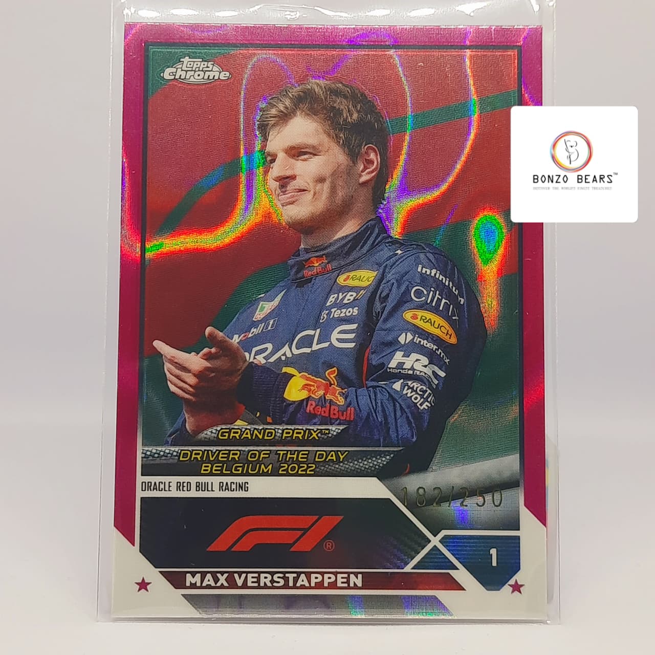 Max Vestappan - Fushia Lava Design (Limited Numbered) – Oracle Red Bull Racing 182/250 Belgian Grand Prix 2022 Topps chrome F1 card | Bonzo Bears