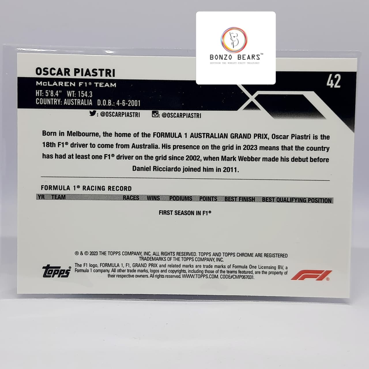 Oscar Piastri RC Rookie  card - 2023 Topps Chrome Formula 1 F1  #42| Bonzo Bears