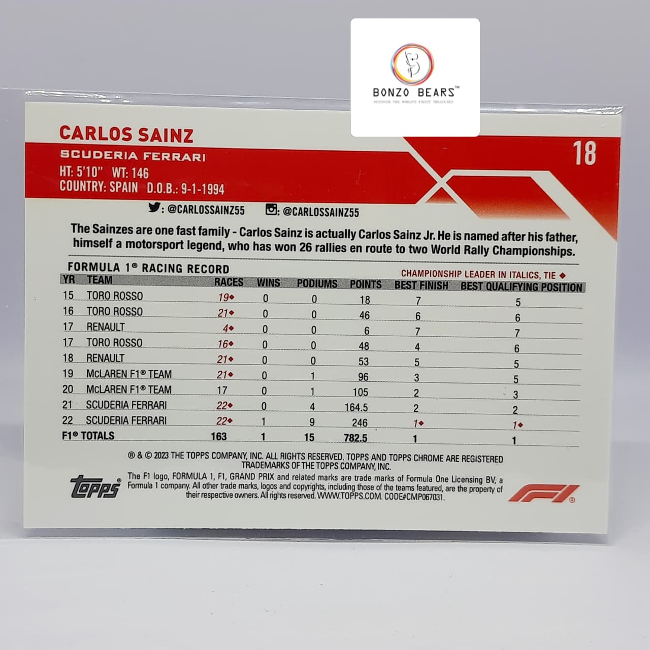 Carlos Sainz – Mini Diamond (Numbered 199/299) – 2023 Topps Chrome Formula 1 #18 | Bonzo Bears | Bonzo Bears
