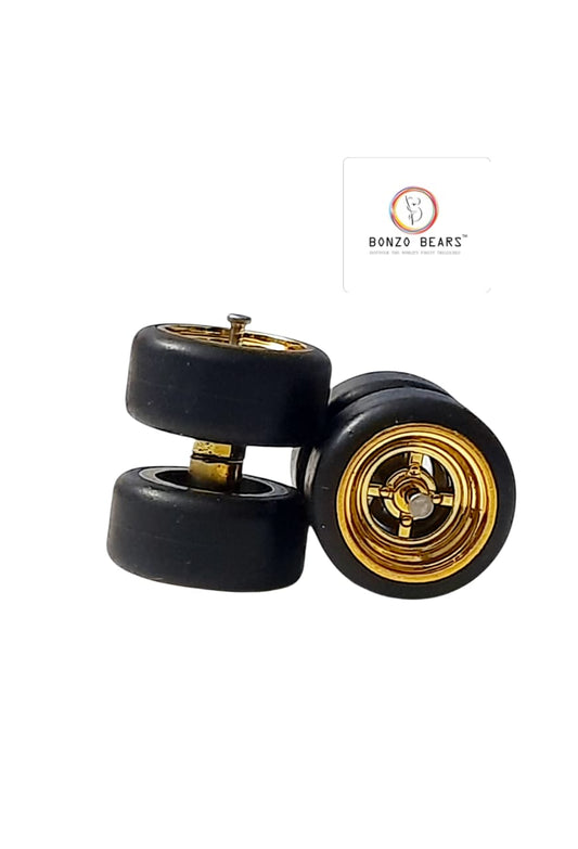 10mm/10mm Gold Rims 4 spoke rubber tire Set for 1/64 Cars | Bonzo Bears