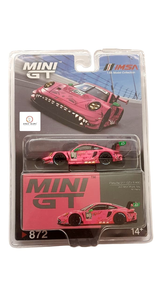 Mini GT 1:64 Porsche 911 GT3 R #80 AO Racing 2023 IMSA Virginia Roxy | Bonzo Bears