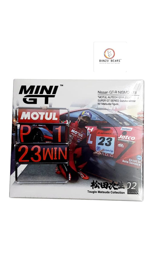 Nissan GT-R NISMO #23 MOTUL AUTECH GT-R 2021 SUPER GT SERIES Suzuka winner with Matsuda Figure Mini GT | Bonzo Bears