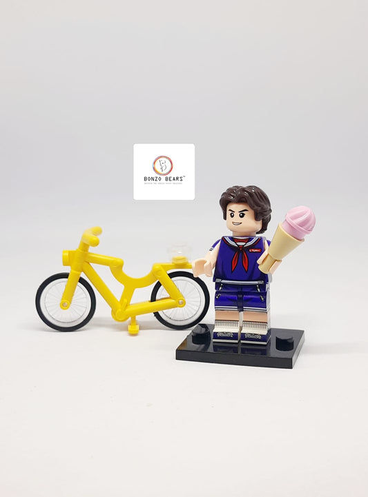 Steve Harrington - Scoops Ahoy with Ice Cream Cone & Yellow Cycle - LEGO Compatible Mini Figure | Stranger Things
