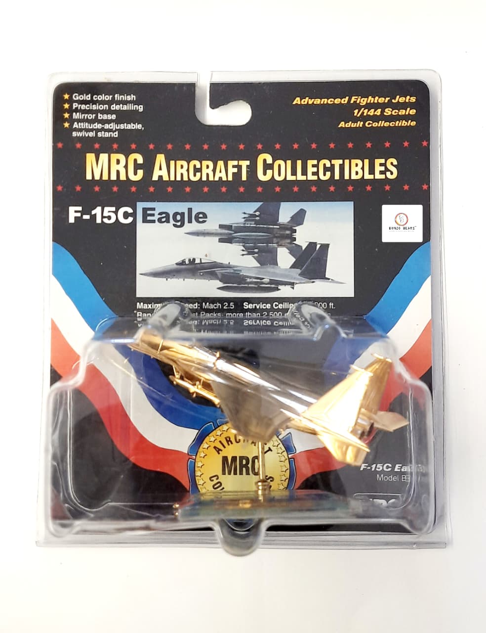 Rare F-15C Eagle (Gold Finish) Precision detailing/mirror base with Attitude-adjustable, swivel stand - MRC Aircraft Collectibles