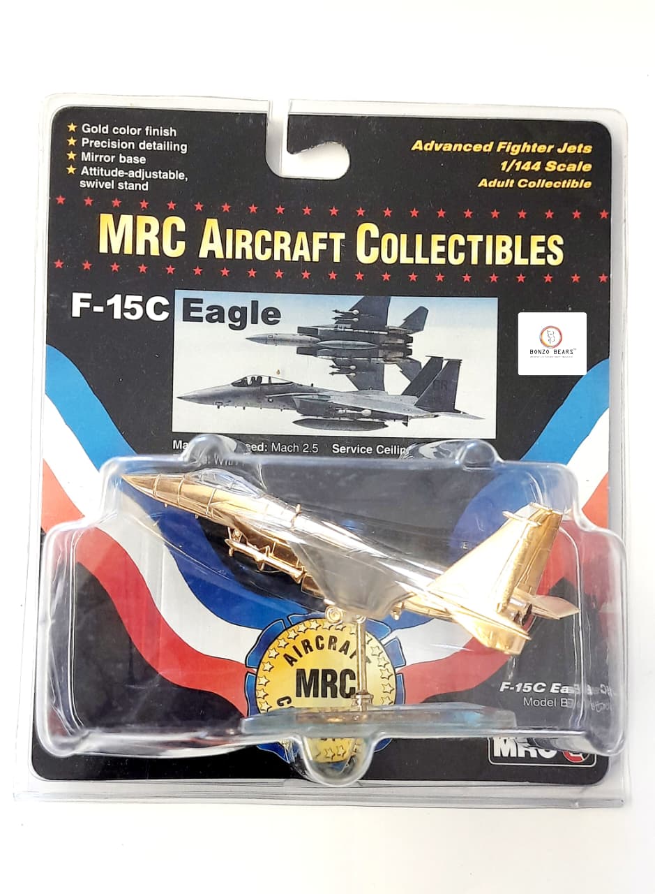 Rare F-15C Eagle (Gold Finish) Precision detailing/mirror base with Attitude-adjustable, swivel stand - MRC Aircraft Collectibles  (Dented Blister)