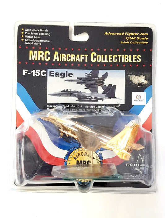 Rare F-15C Eagle (Gold Finish) Precision detailing/mirror base with Attitude-adjustable, swivel stand - MRC Aircraft Collectibles  (Dented Blister)