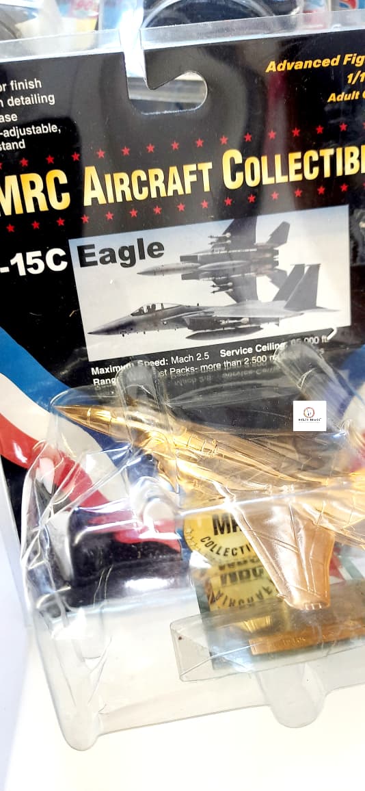 Rare F-15C Eagle (Gold Finish) Precision detailing/mirror base with Attitude-adjustable, swivel stand - MRC Aircraft Collectibles  (Dented Blister)