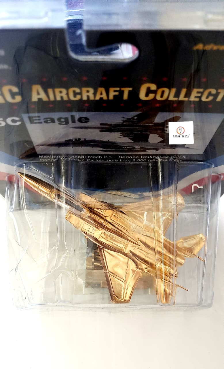 Rare F-15C Eagle (Gold Finish) Precision detailing/mirror base with Attitude-adjustable, swivel stand - MRC Aircraft Collectibles  (Dented Blister)