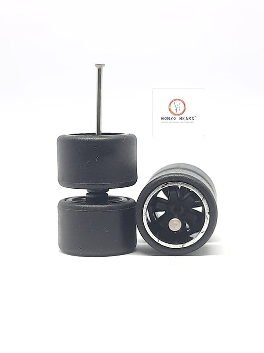 Rubber Tire - 10mm , Chrome lined 6 spoked Black Rim 28mm Axle