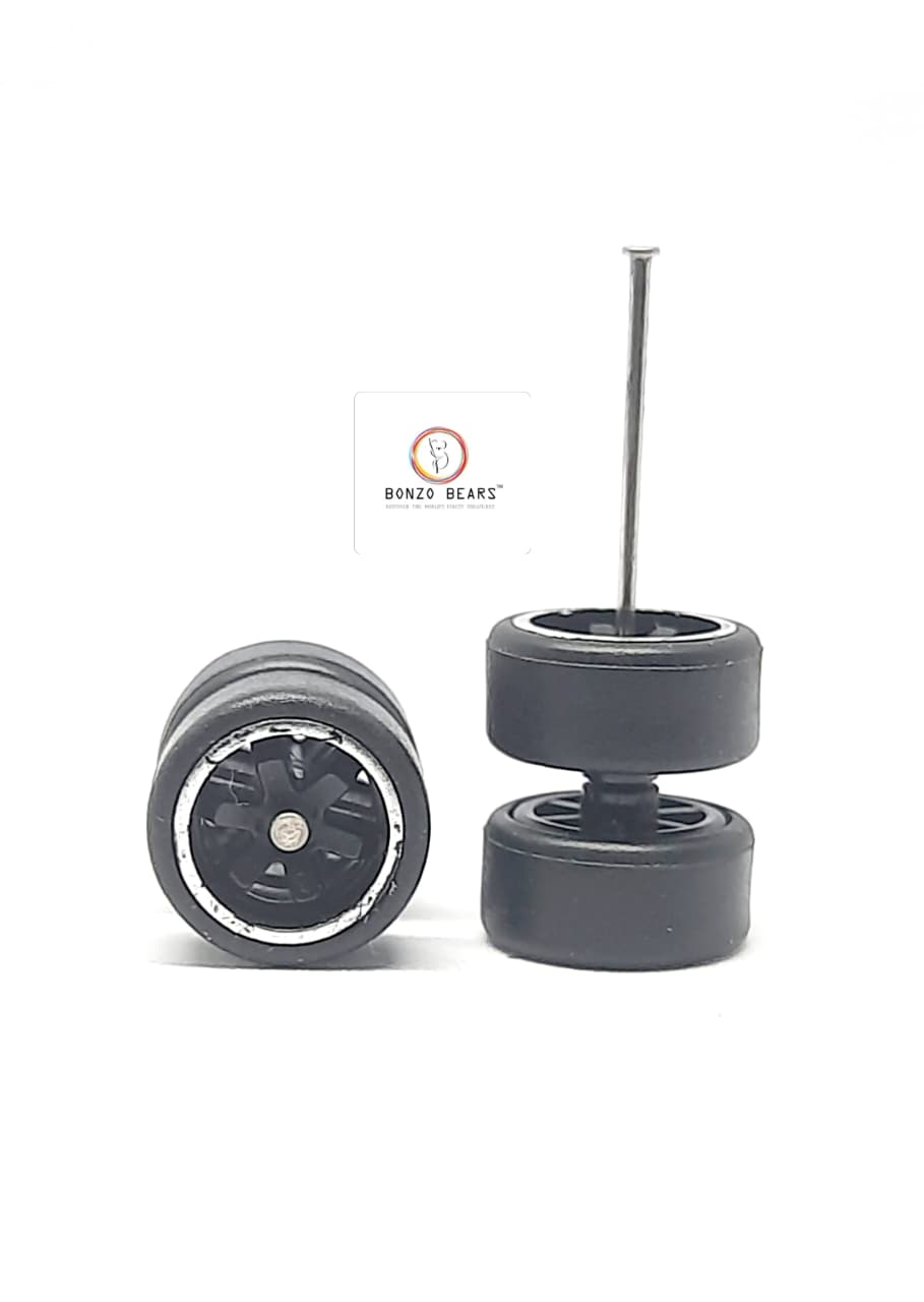 Rubber Tire - 10mm , Chrome lined 6 spoked Black  Rim 28mm Axle