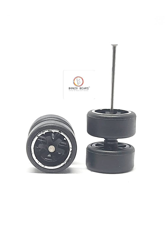 Rubber Tire - 10mm , Chrome lined 6 spoked Black  Rim 28mm Axle