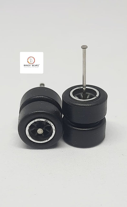 Rubber Tire - 10mm , Chrome Ringed Multi spoked grey Rim- 28mm Axle