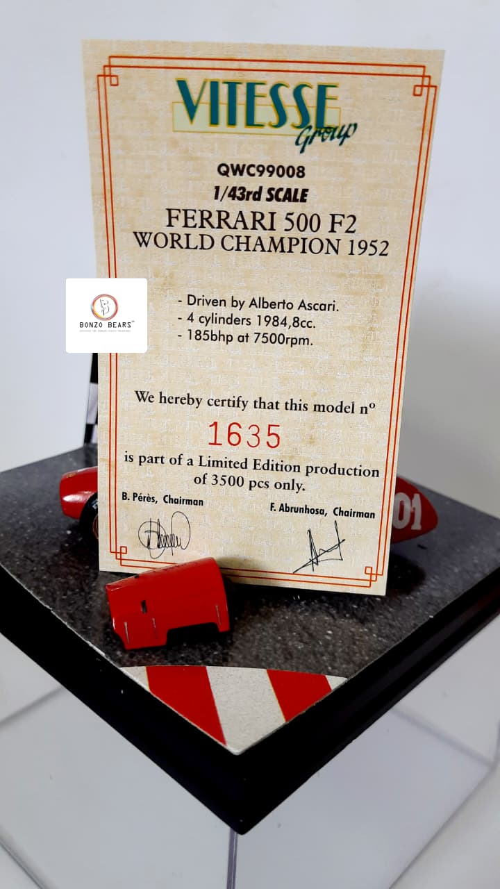 Numbered Limited Edition 1 of 3500 1/43 Quartzo - 1952 Ferrari 500 F2 #101 "Scuderia Ferrari" Italian Grand Prix World Champion Formula 1 1952 - Alberto Ascari
