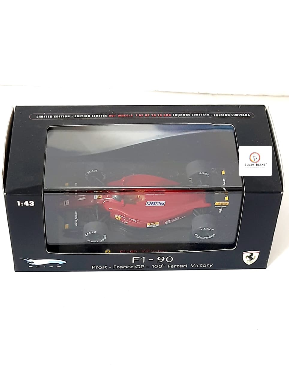100th Ferrari Victory at French GP - Limited Edition 1 of 10000 1:43 1990 Ferrari F1-90, Alain Prost F1 - 100th Ferrari Victory at French GP - Hot Wheels Elite | Bonzo Bears