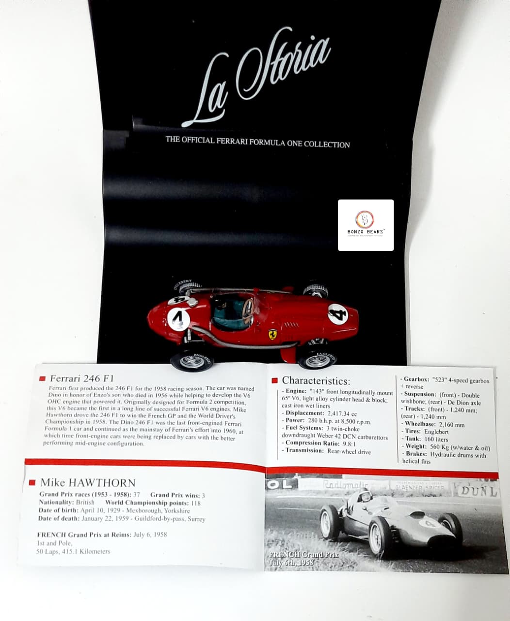 RARE - The Official Ferrari Formula One Collection 1958 1:43 Hot Wheels 'La Storia' Ferrari Dino 246 #4 with Original Flyer