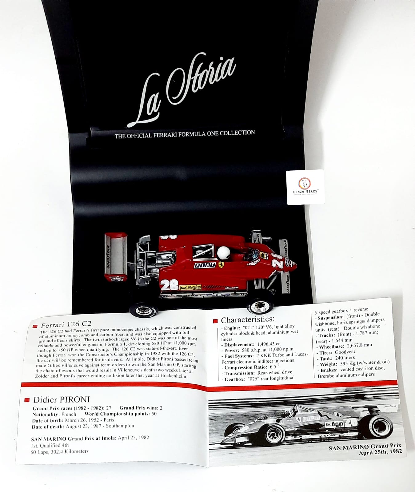 RARE - The Official Ferrari Formula One Collection 1982 1:43 Hot Wheels 'La Storia' Ferrari 126 C2 F1 #28 with Original Flyer