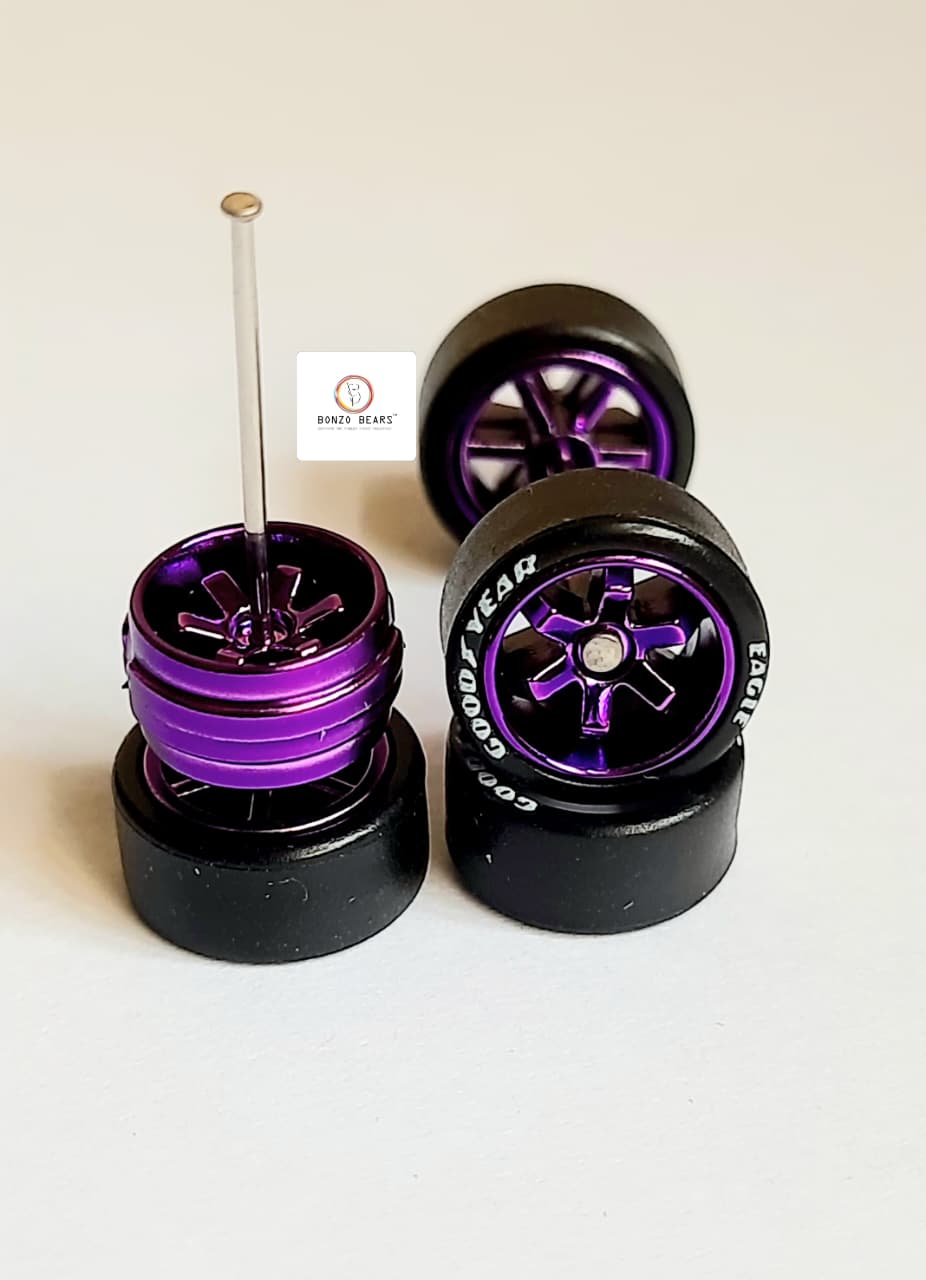 Rubber Tyre - 10mm Purple rim 6 spoke with Goodyear Eagle - 25mm axle Cv1