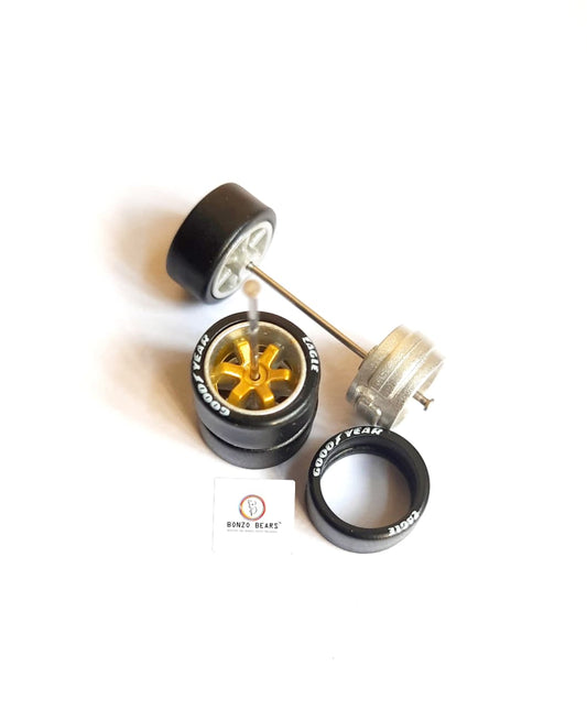 Rubber Tyre - 10mm Silver Rim, Gold 6 spoke with Goodyear Eagle - 25mm Axle Cv1