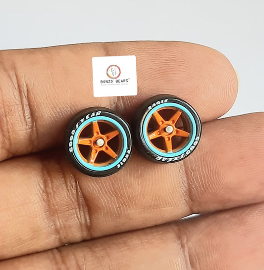 Rubber Tyre - 10mm Blue Rim, Orange Star 5 Spoke Goodyear Eagle - 25mm Axle Cv1