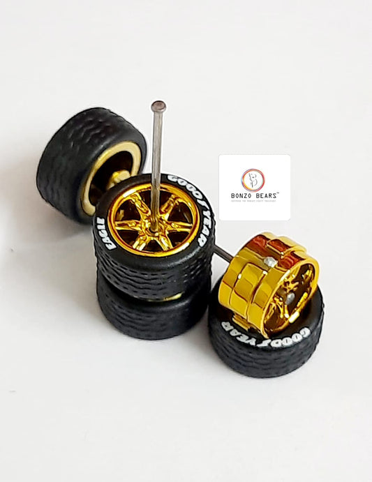 Rubber Tyre - 10mm Gold Rim 6 Spoke Goodyear Eagle, 28mm Axle Cv2