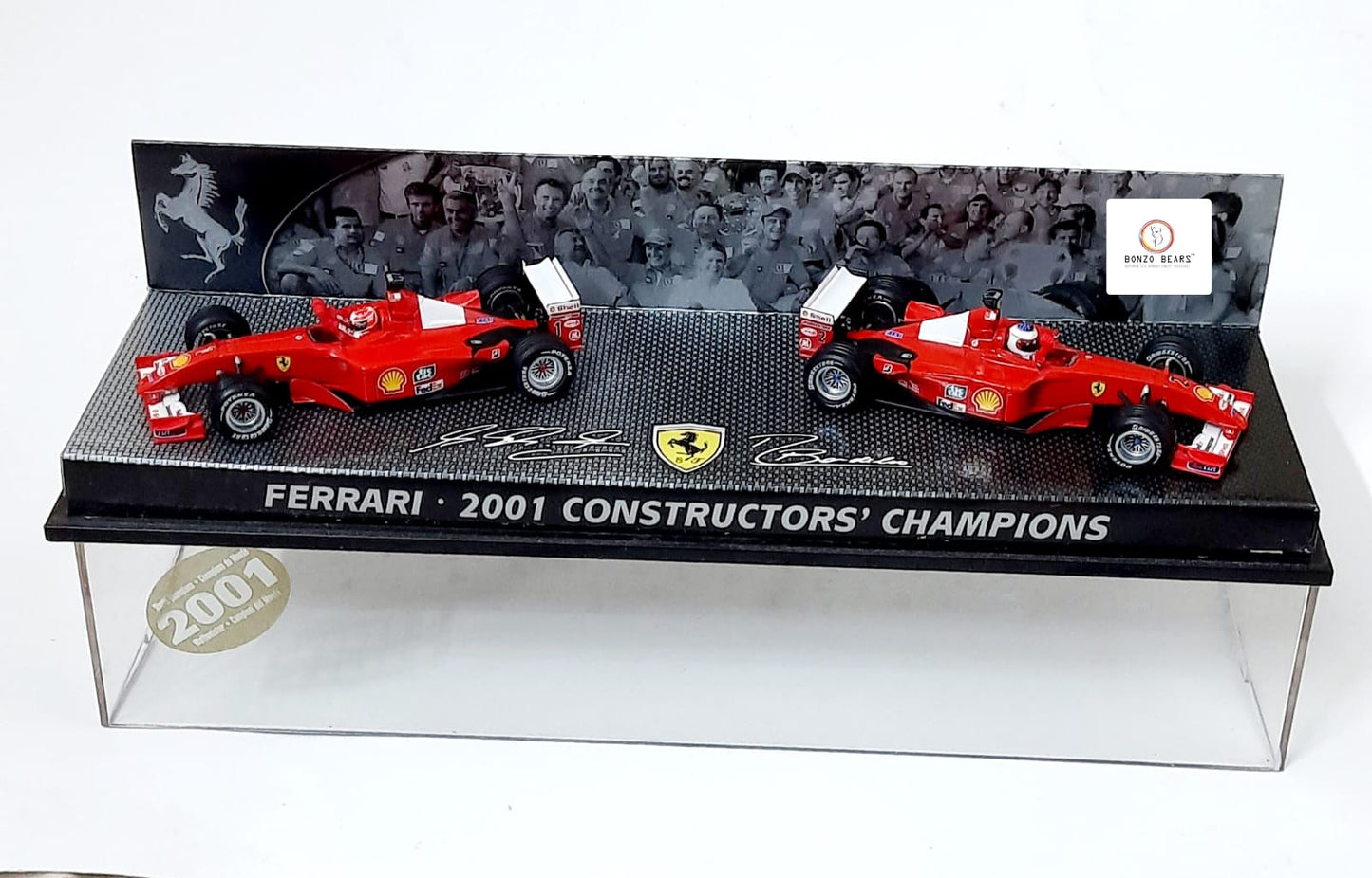 Rare Hot Wheels 1:43 Elite Formula 1 Ferrari 2001 Constructors' Champions - Ferrari's 2001 Championship victory Michael Schumacher and Rubens Barrichello with Outer Cover