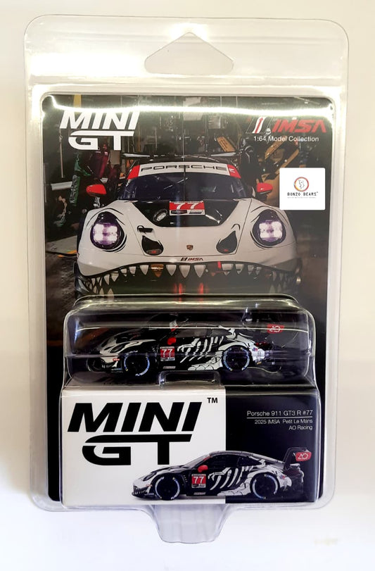 Imported MINI GT #1143 Porsche 911 GT3 R #77 AO Racing "Skeleton Rexy" | Bonzo Bears