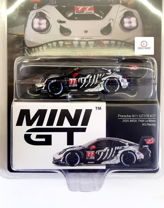Imported MINI GT #1143 Porsche 911 GT3 R #77 AO Racing "Skeleton Rexy" | Bonzo Bears