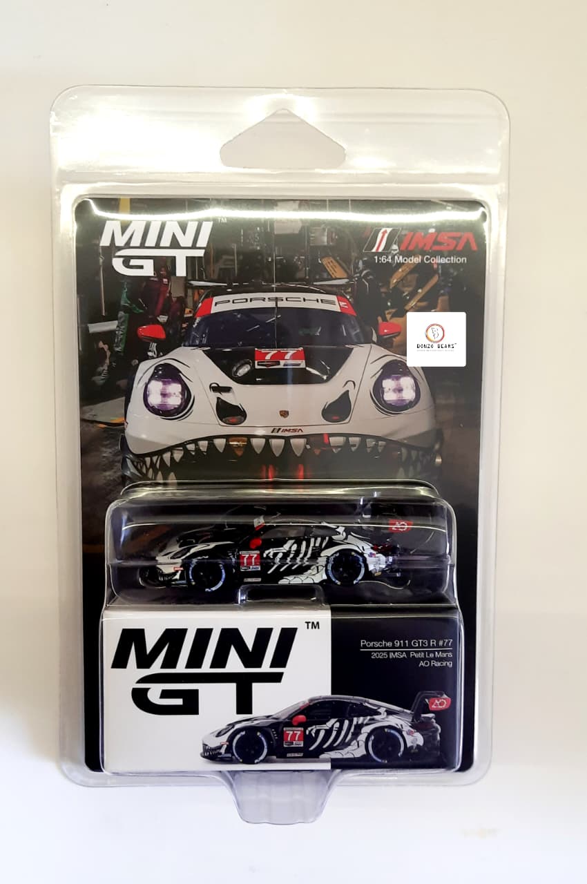 Imported MINI GT #1143 Porsche 911 GT3 R #77 AO Racing "Skeleton Rexy" | Bonzo Bears