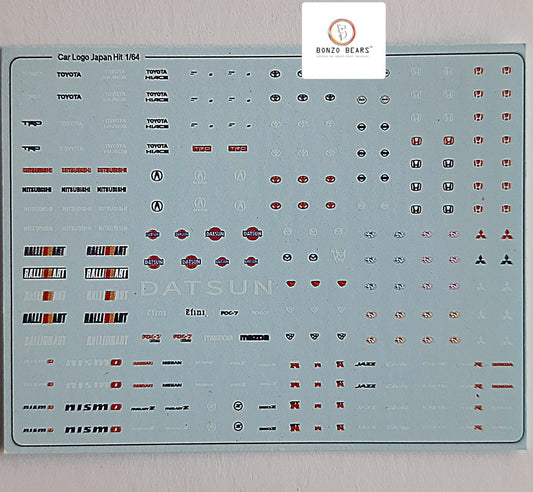 Japanese Logos - Honda , Mitshibishi, Nissan Datsun - Water Slide Decals -  for  1/64 cars - Hotwheels , Tomica , Minigt & Majorette