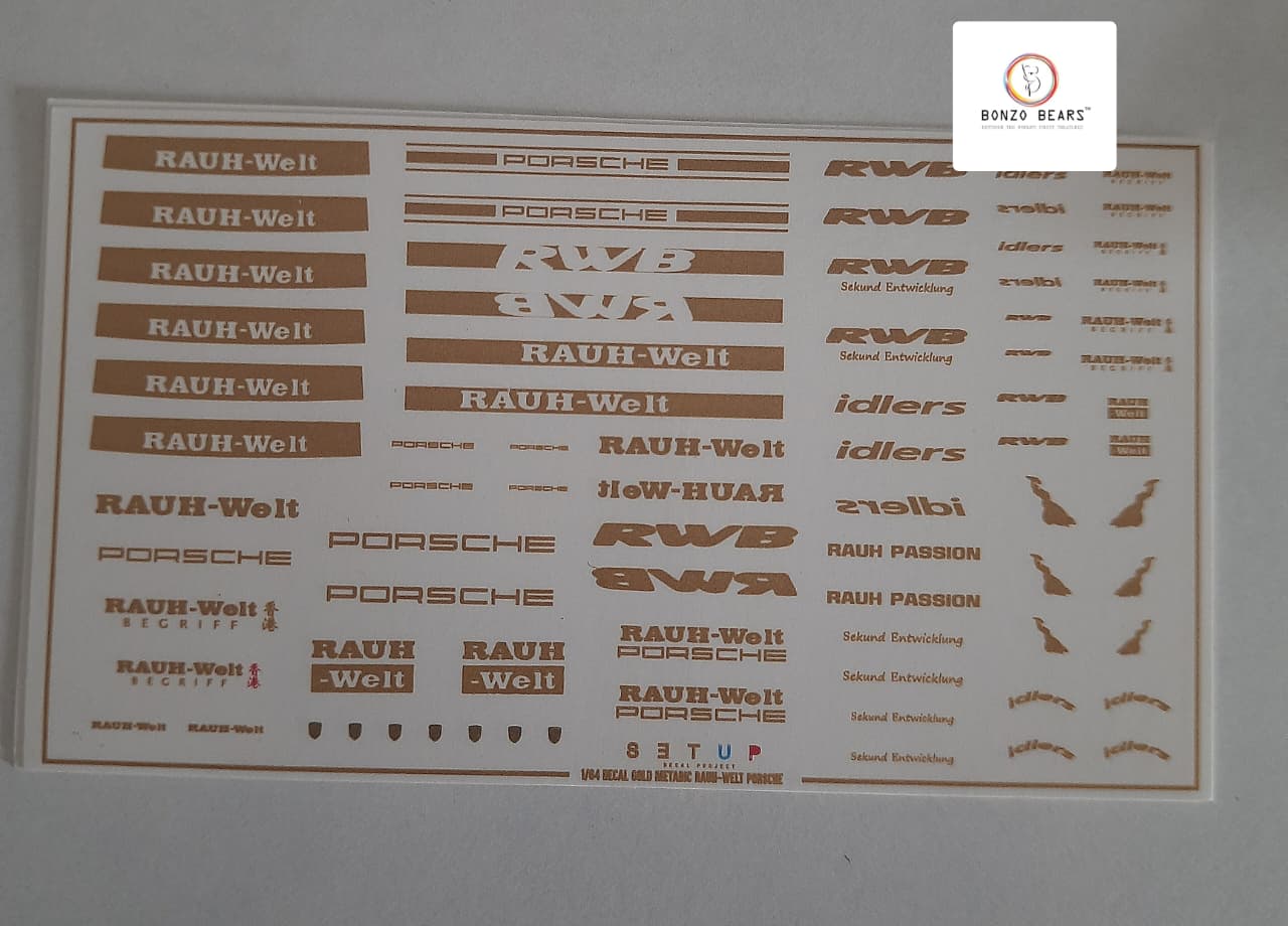 RWB - RAUGH WELT Porsche -(Gold) - Water Slide Decal for 1/64 cars - Hotwheels , Tomica , Minigt & Majorette