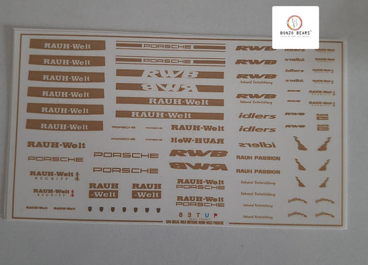 RWB - RAUGH WELT Porsche -(Gold) - Water Slide Decal for 1/64 cars - Hotwheels , Tomica , Minigt & Majorette