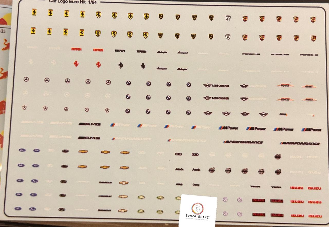 Ferrari, Porsche, Lamborghini , BMW , Chevy mecedes Car Logo Water Slide Decal for  1/64 cars - Hotwheels , Tomica , Minigt & Majorette