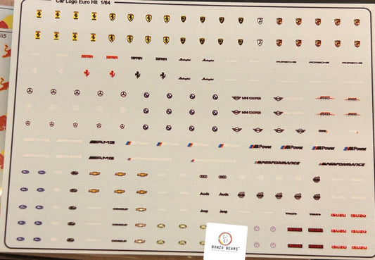 Ferrari, Porsche, Lamborghini , BMW , Chevy mecedes Car Logo Water Slide Decal for  1/64 cars - Hotwheels , Tomica , Minigt & Majorette