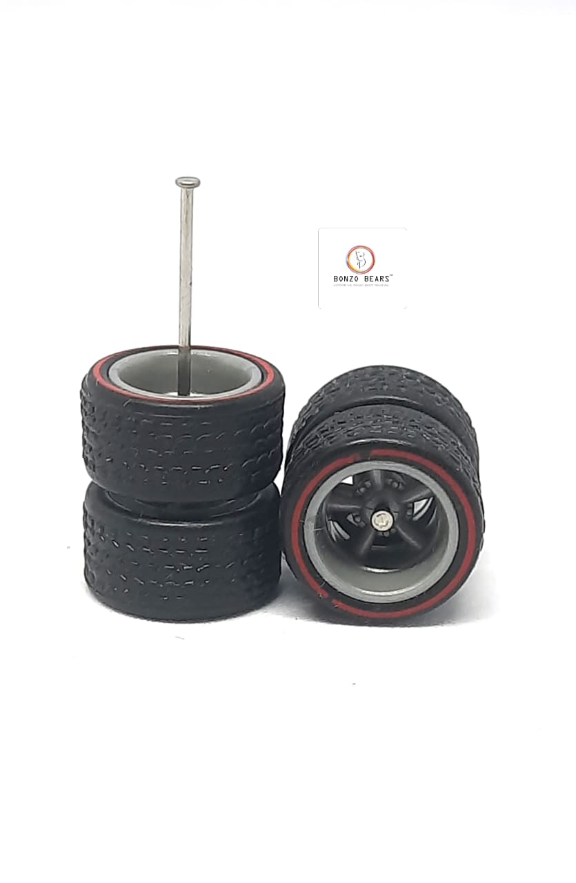 Rubber Tire - 12mm , Red Line 5 Spoke Grey Rim 28mm Axle