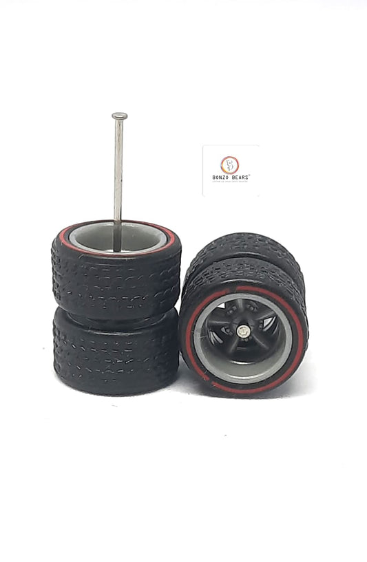 Rubber Tire - 12mm , Red Line 5 Spoke Grey Rim 28mm Axle