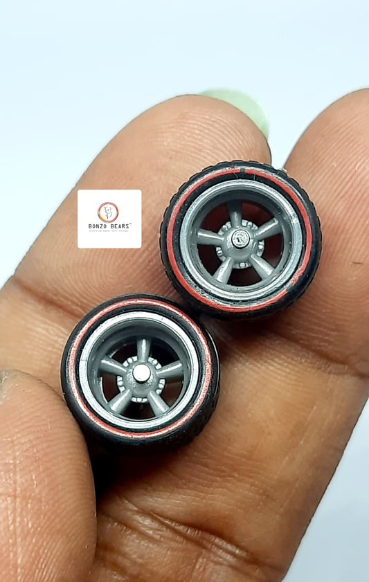 Rubber Tire - 12mm , Red Line 5 Spoke Grey Rim 28mm Axle