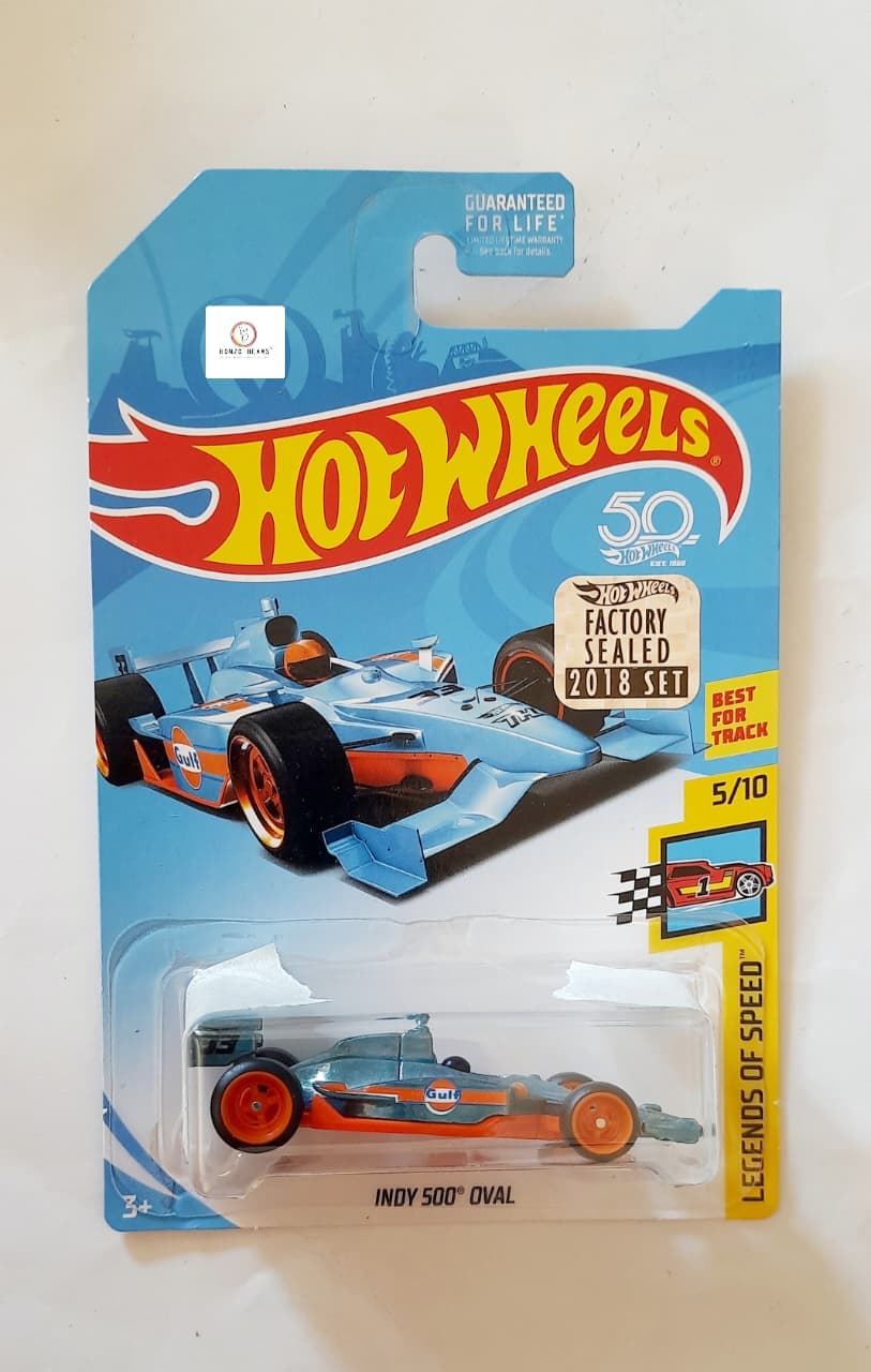 Rare Super Treasure Hunt (STH) -50th Anniversary 'Indy 500' oval (Gulf livery, light blue with orange accents) - Hot Wheels (Factory Sealed 2018 Released) | Bonzo Bears