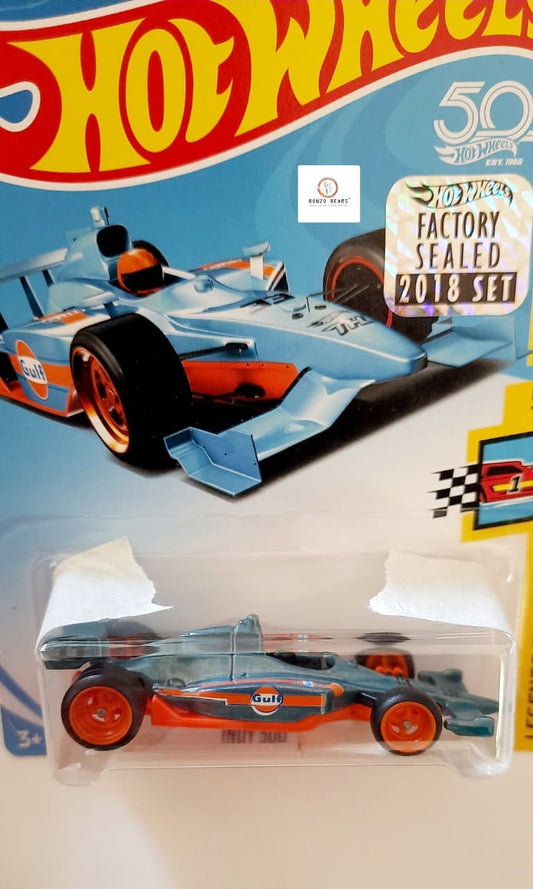 Rare Super Treasure Hunt (STH) -50th Anniversary 'Indy 500' oval (Gulf livery, light blue with orange accents) - Hot Wheels (Factory Sealed 2018 Released) | Bonzo Bears