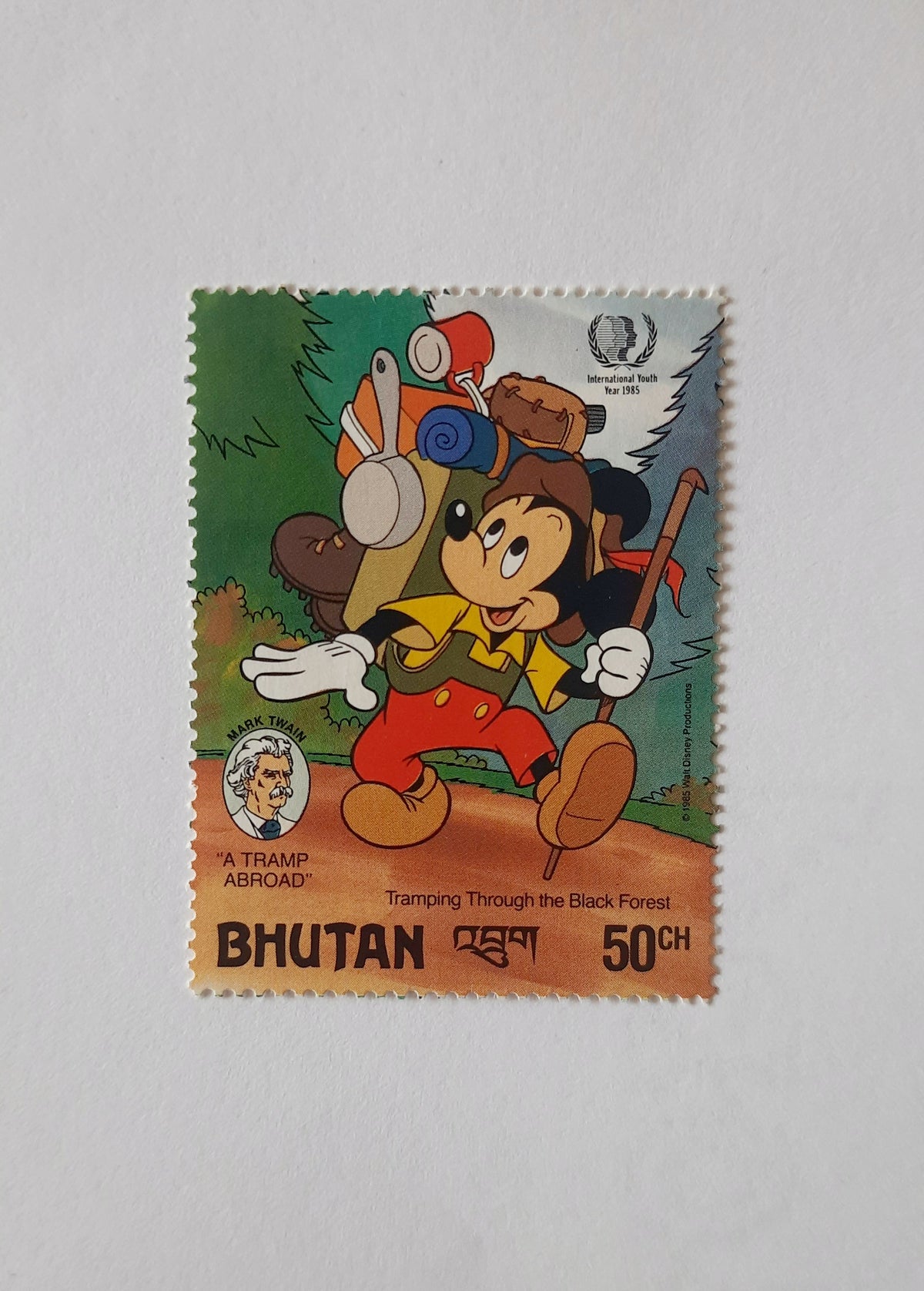 1985 Bhutan Stamp Mickey Mouse Mint | Mark Twain's book A Tramp Abroad | International Youth Year - SB1